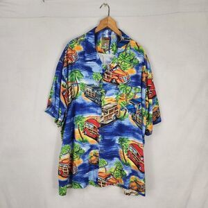 Pineapple Connections Mens Hawaiian Button Up Shirt XL Colorful Woodie Cars Blue
